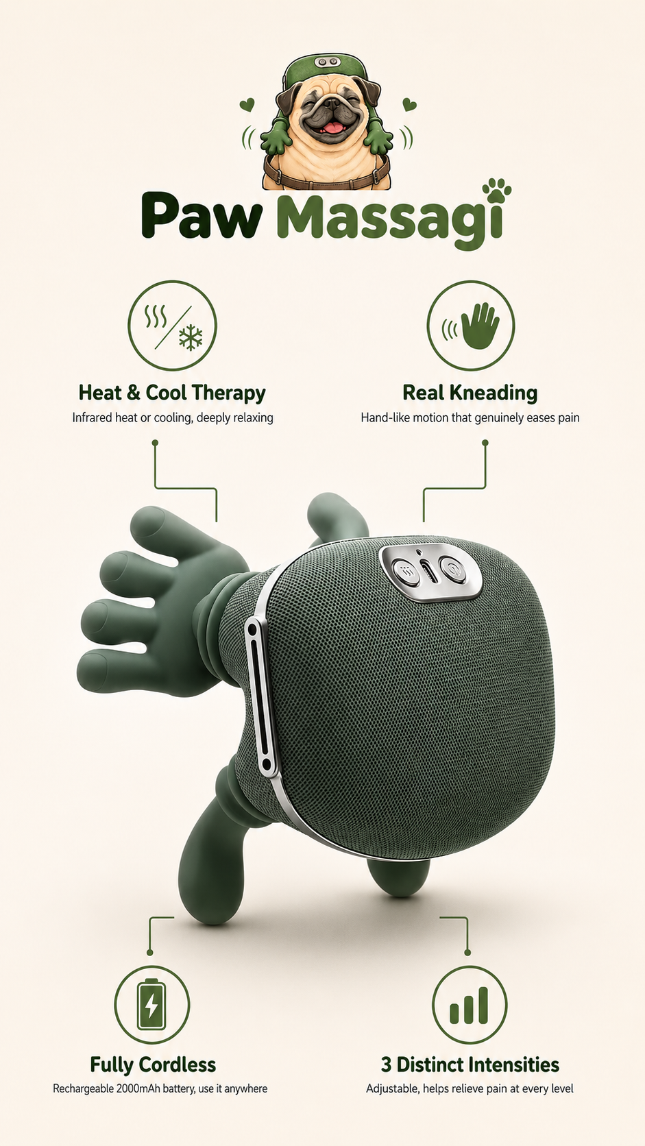 PawMassagi features: heat and cool therapy, real kneading, cordless, 3 intensities